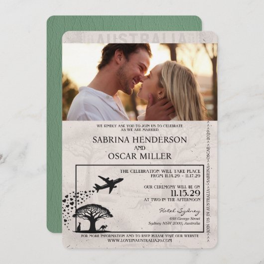 Sage Green Australië Passport Wedding Kaart (Voorkant / Achterkant)