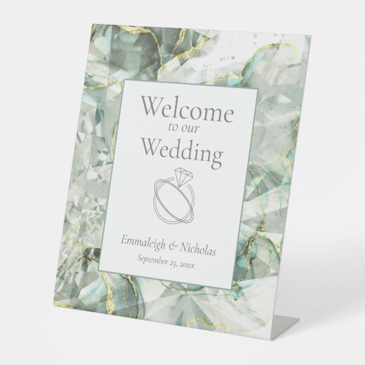 Sage Green Aventurine Crystal Wedding Reclamebord Met Voetstuk (Voorkant)