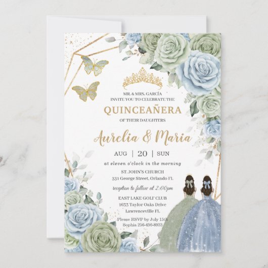 Sage Green Baby Blauw Bloemen Tweeling Goud Quince Kaart (Voorkant)