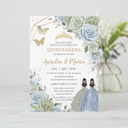 Sage Green Baby Blauw Bloemen Tweeling Goud Quince Kaart (Staand voorkant)