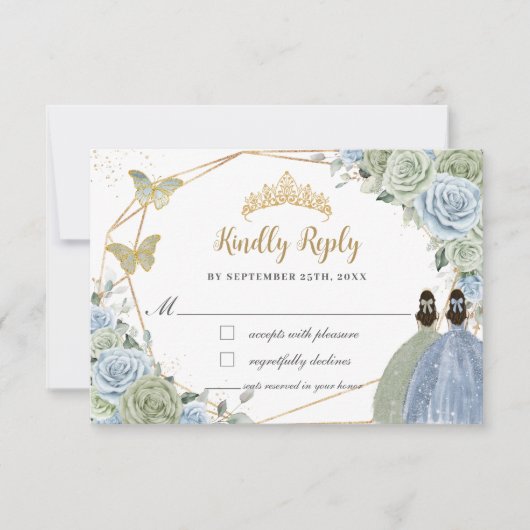 Sage Green Baby Blauw Bloemen Tweeling Goud Quince RSVP Kaartje (Voorkant)