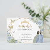 Sage Green Baby Blauw Bloemen Tweeling Goud Quince RSVP Kaartje (Staand voorkant)