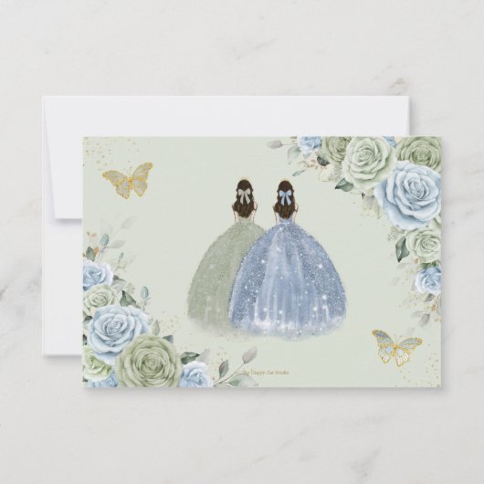 Sage Green Baby Blauw Bloemen Tweeling Goud Quince RSVP Kaartje (Achterkant)