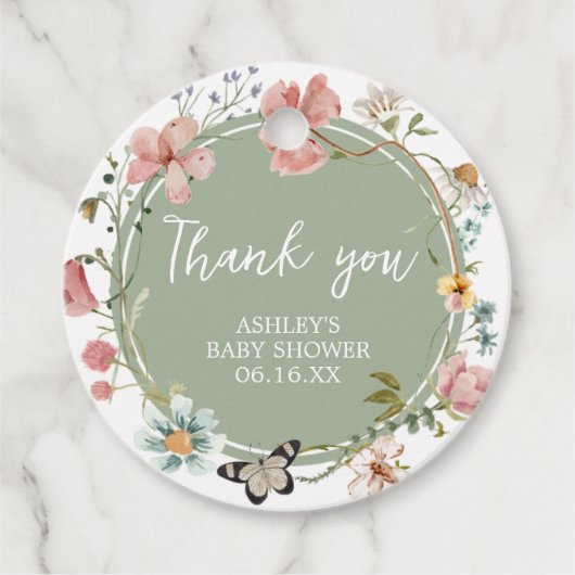 Sage Green Baby Bloom Baby shower Bedankjes Labels (Voorkant)