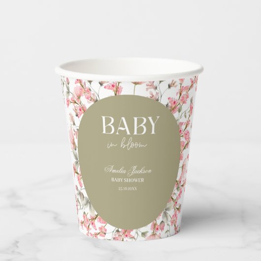 Sage Green Baby Bloom Baby shower Uitnodiging Papieren Bekers (Voorkant)