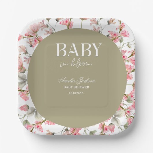 Sage Green Baby Bloom Baby shower Uitnodiging Papieren Bordje (Voorkant)