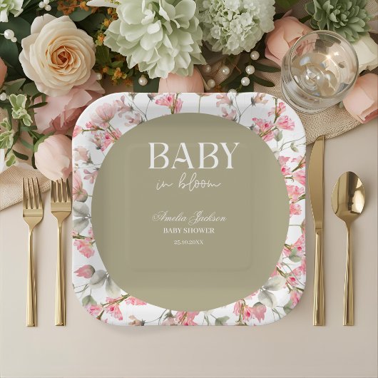 Sage Green Baby Bloom Baby shower Uitnodiging Papieren Bordje