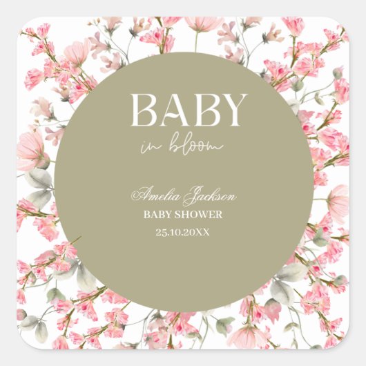 Sage Green Baby Bloom Baby shower Uitnodiging Vierkante Sticker (Voorkant)
