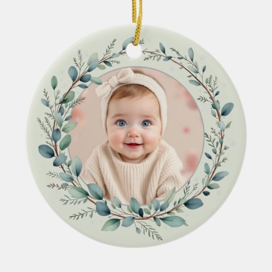 Sage Green Baby First Christmas Photo Keramisch Ornament (Voorkant)