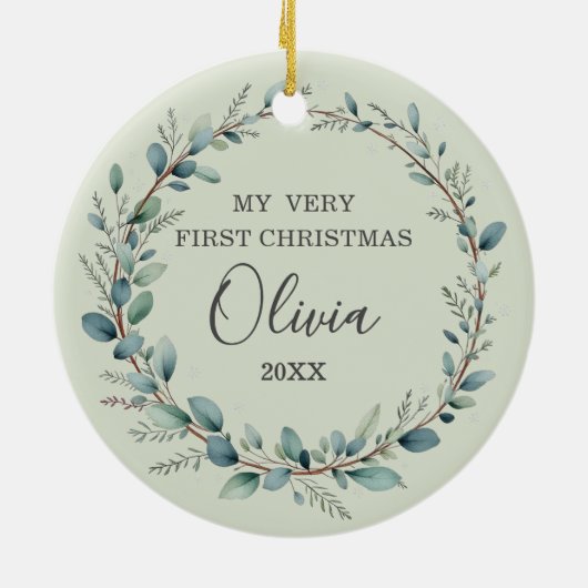 Sage Green Baby First Christmas Photo Keramisch Ornament (Achterkant)