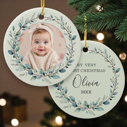 Sage Green Baby First Christmas Photo Keramisch Ornament