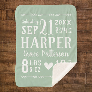 Sage Green Baby Girl Geboortestatistieken Keepsake Sherpa Deken