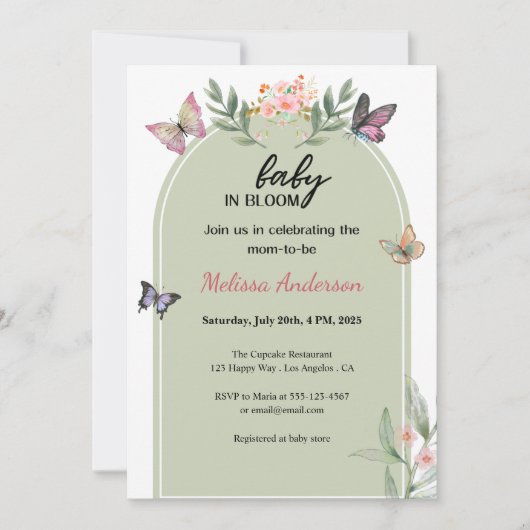 Sage Green Baby in Bloom Butterfly Baby Shower     Kaart (Voorkant)
