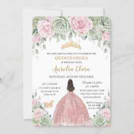 Sage Green Baby Pink Floral Roos Gold Quinceañera Kaart