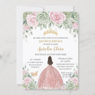 Sage Green Baby Pink Floral Roos Gold Quinceañera Kaart