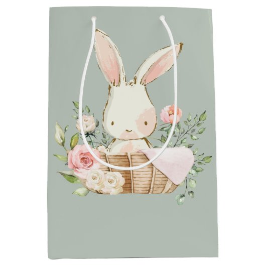Sage Green Baby Rabbit Elegant Baby shower Medium Cadeauzakje (Voorkant)