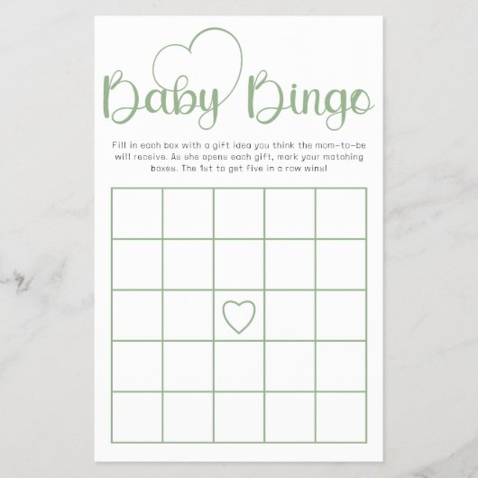 Sage Green Baby Shower Bingo Game Card Flyer (Voorkant)