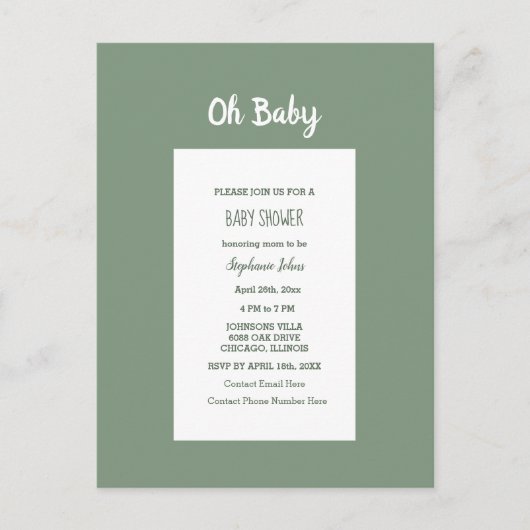 Sage Green Baby shower Elegant Simple Boy Girl Uitnodiging Briefkaart (Voorkant)