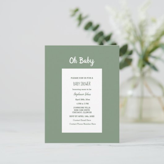 Sage Green Baby shower Elegant Simple Boy Girl Uitnodiging Briefkaart (Staand voorkant)