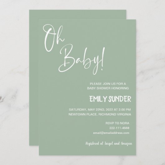 Sage Green Baby shower Invitation Kaart (Voorkant / Achterkant)
