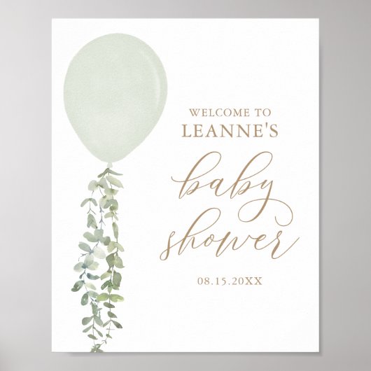 Sage Green Balloon Baby shower Welkomstbord Poster (Voorkant)