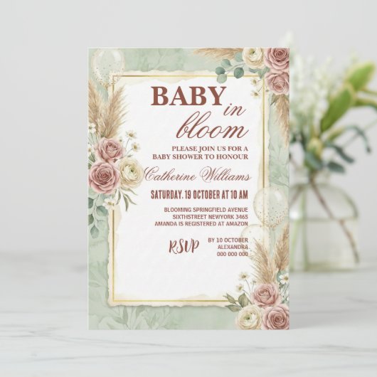 Sage Green Balloons Floral Baby Shower Kaart (Staand voorkant)