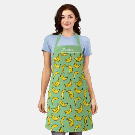 Sage Green Banana Fruit Design Whimsical Kitchen Schort (Gedragen)