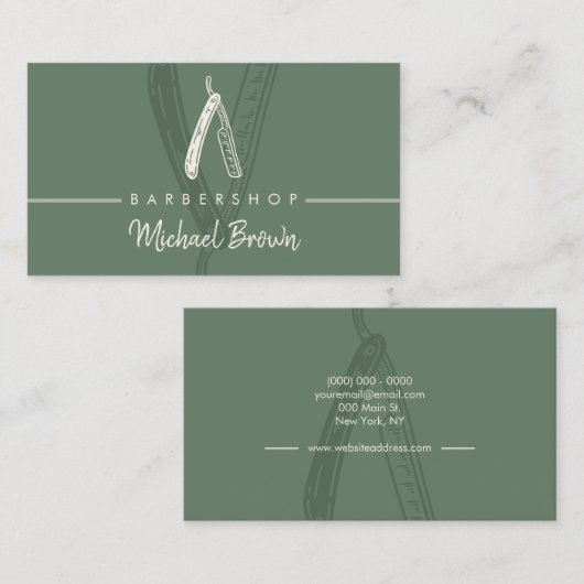 Sage Green Barbershop Design Razor Master Hair Visitekaartje (Voorkant / Achterkant)