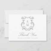 Sage Green Barok Monogram Crest Wedding Bedankkaart (Voorkant)