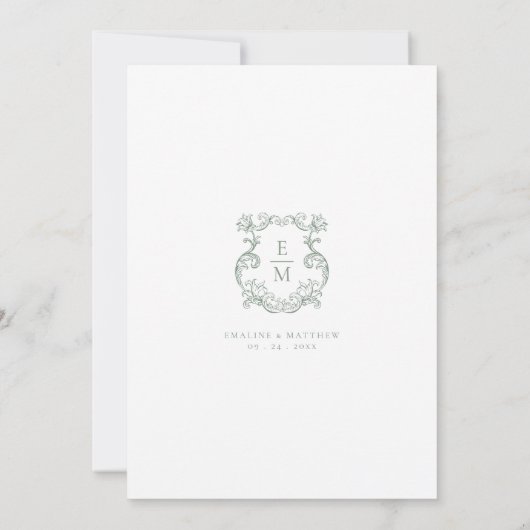 Sage Green Barok Monogram Crest Wedding Kaart (Achterkant)