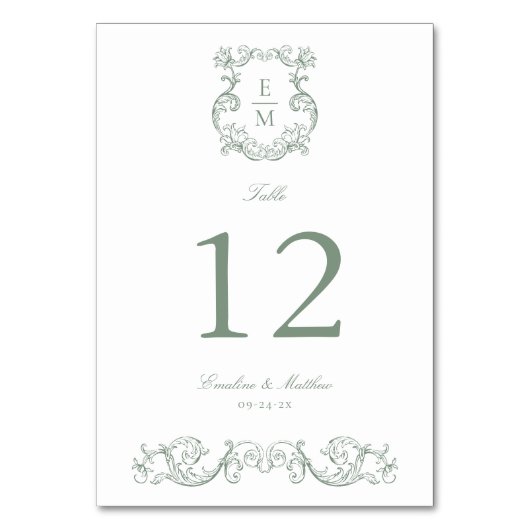 Sage Green  Barok Monogram Crest Wedding Kaart (Achterkant)