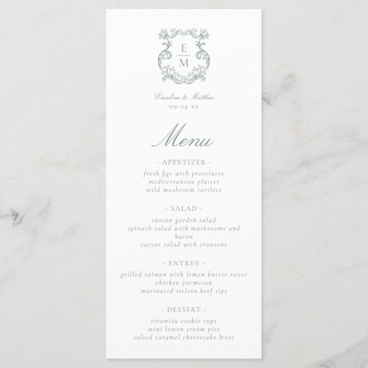 Sage Green  Barok Monogram Crest Wedding Menu (Voorkant)