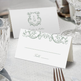 Sage Green Barok Monogram Crest Wedding Plaatskaartje