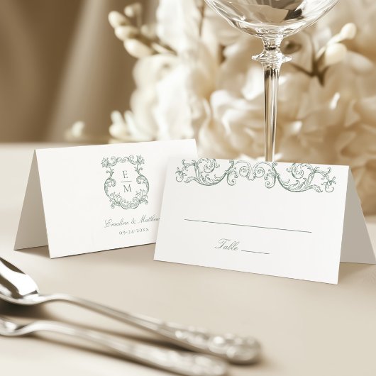 Sage Green  Barok Monogram Crest Wedding Plaatskaartje
