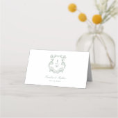Sage Green  Barok Monogram Crest Wedding Plaatskaartje (Achterkant)