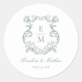 Sage Green Barok Monogram Crest Wedding Ronde Sticker (Voorkant)
