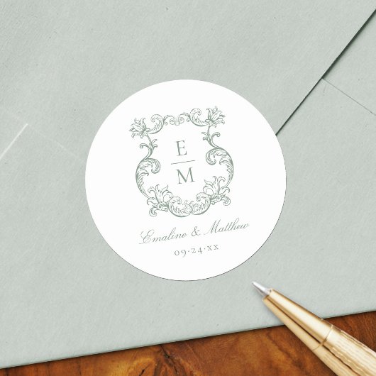 Sage Green Barok Monogram Crest Wedding Ronde Sticker