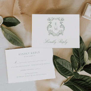 Sage Green  Barok Monogram Crest Wedding RSVP Kaartje