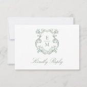 Sage Green Barok Monogram Crest Wedding RSVP Kaartje (Voorkant)