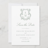 Sage Green Barok Monogram Crest Wedding Save The Date (Voorkant)