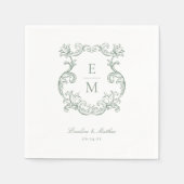 Sage Green  Barok Monogram Crest Wedding Servet (Voorkant)