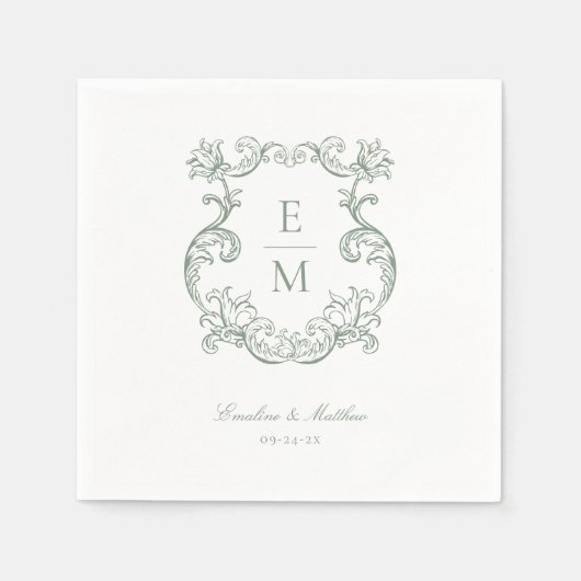 Sage Green  Barok Monogram Crest Wedding Servet (Voorkant)