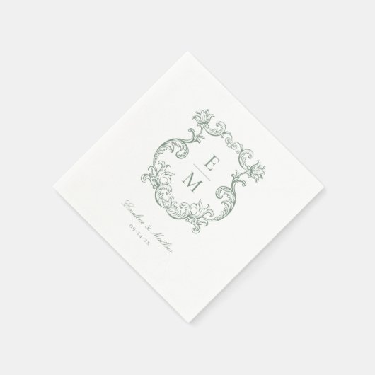 Sage Green  Barok Monogram Crest Wedding Servet (Hoek)