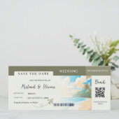 Sage Green Beach Ship Boarding Pass bruiloft Save The Date (Staand voorkant)
