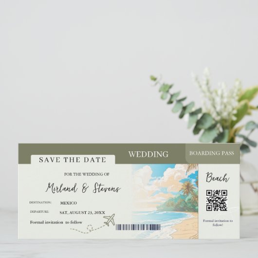Sage Green Beach Ship Boarding Pass bruiloft Save The Date (Staand voorkant)
