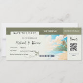Sage Green Beach Ship Boarding Pass bruiloft Save The Date (Voorkant)