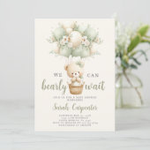 Sage Green Bear Baby Shower Boy Invitation Kaart (Staand voorkant)