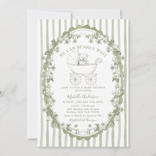 Sage Green Bear Baby Shower Invitation Kaart (Voorkant)