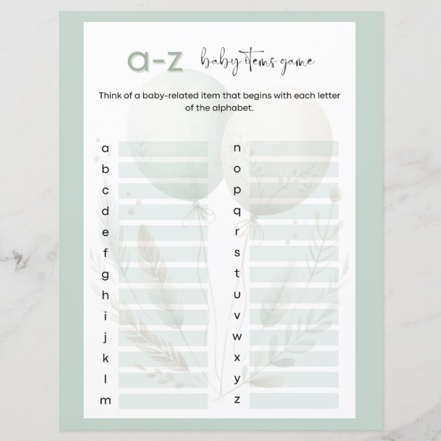 Sage Green Beer A tot Z Baby Items Baby shower Gam (Voorkant)