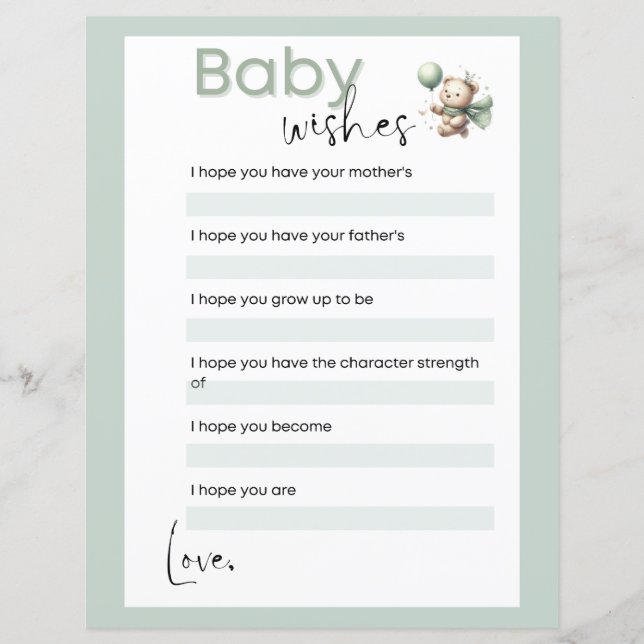 Sage Green Beer Baby Wishes Baby shower Game (Voorkant)